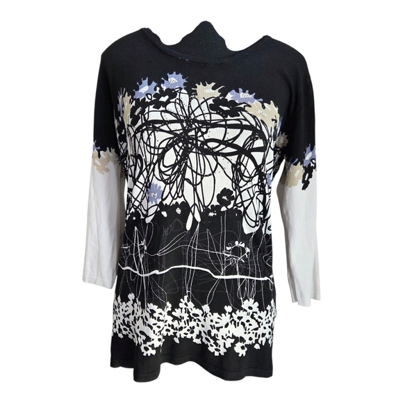Elegant Black and White Floral Women's Tunic Wuth Rhinestones Size Med - Picture 1 of 5